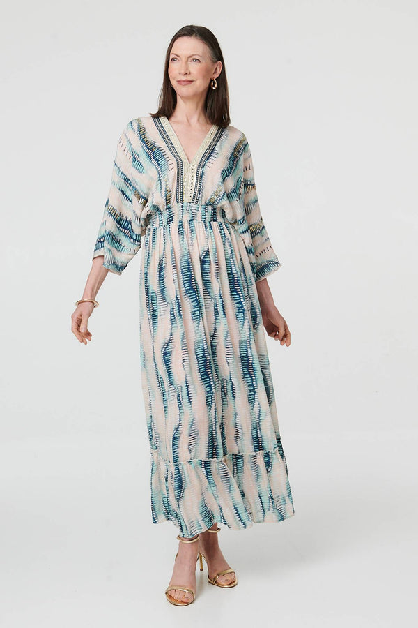Blue | Printed 3/4 Sleeve Empire Maxi Dress