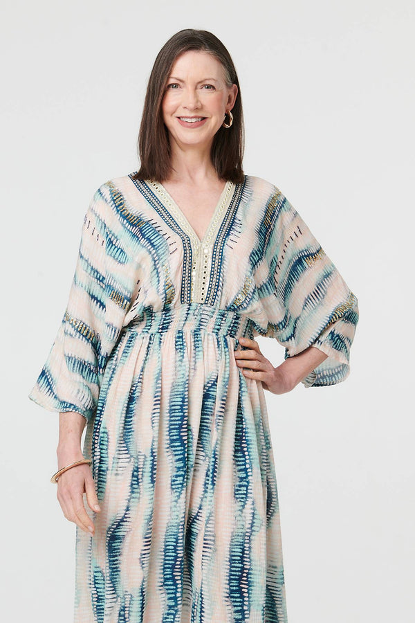 Blue | Printed 3/4 Sleeve Empire Maxi Dress