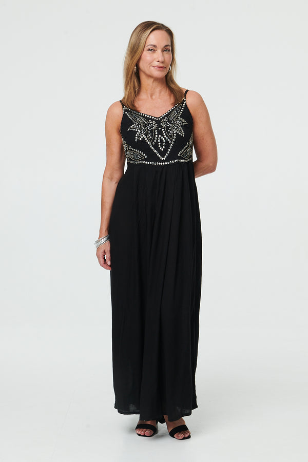 Black | Sequin Embellished Cami Strap Maxi Dress