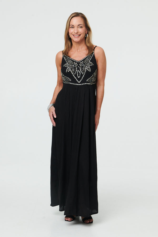 Black | Sequin Embellished Cami Strap Maxi Dress