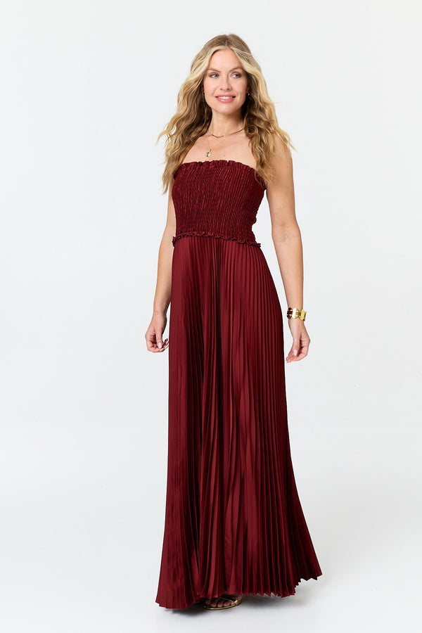 Rust | Pleated Texture Strapless Maxi Dress