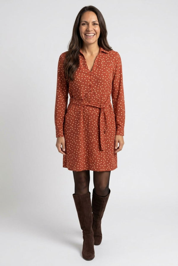 Rust | Polka Dot Print Tie Waist Shirt Dress