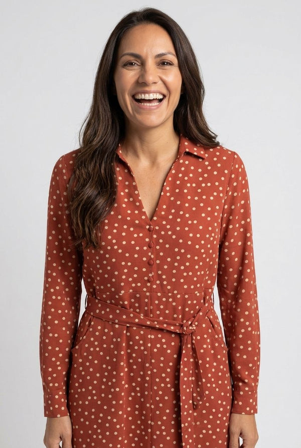 Rust | Polka Dot Print Tie Waist Shirt Dress
