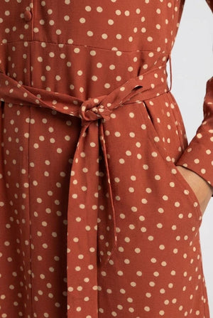 Rust | Polka Dot Print Tie Waist Shirt Dress