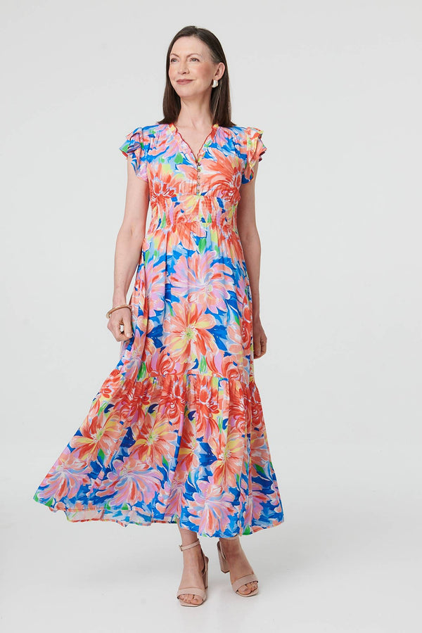 Blue | Floral Cap Sleeve Maxi Shirred Dress
