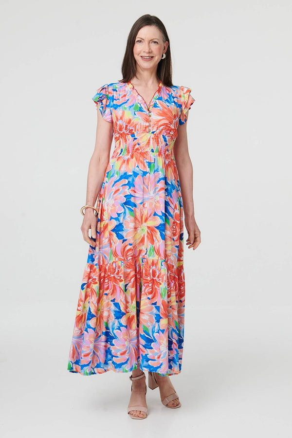 Blue | Floral Cap Sleeve Maxi Shirred Dress
