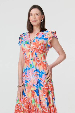 Blue | Floral Cap Sleeve Maxi Shirred Dress
