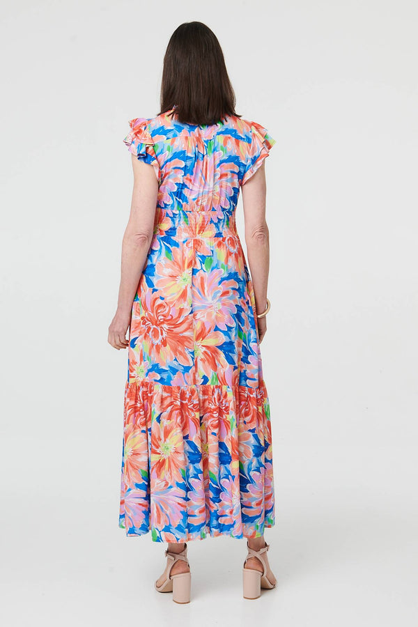 Blue | Floral Cap Sleeve Maxi Shirred Dress
