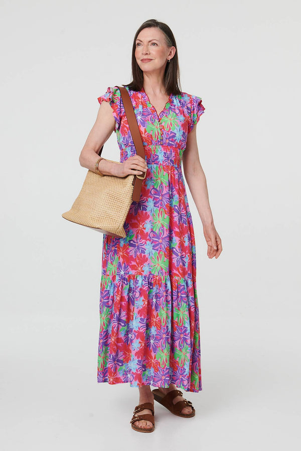 Red | Floral Cap Sleeve A-Line Maxi Dress