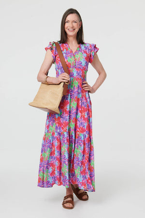 Red | Floral Cap Sleeve A-Line Maxi Dress