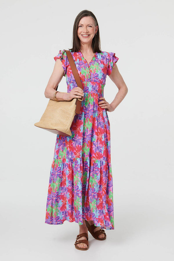 Red | Floral Cap Sleeve A-Line Maxi Dress