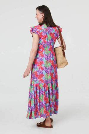 Red | Floral Cap Sleeve A-Line Maxi Dress