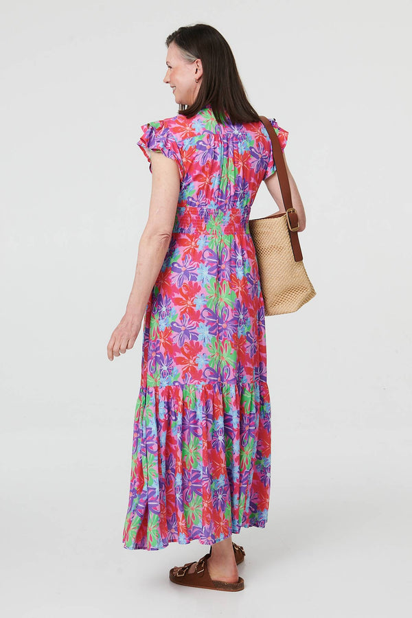 Red | Floral Cap Sleeve A-Line Maxi Dress
