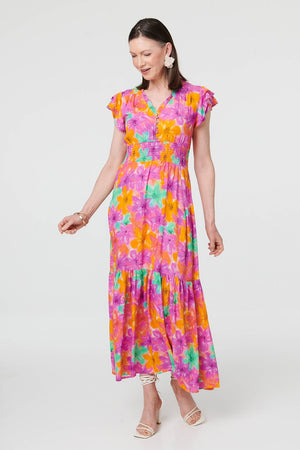 Red | Floral V-Neck Cap Sleeve Maxi Dress
