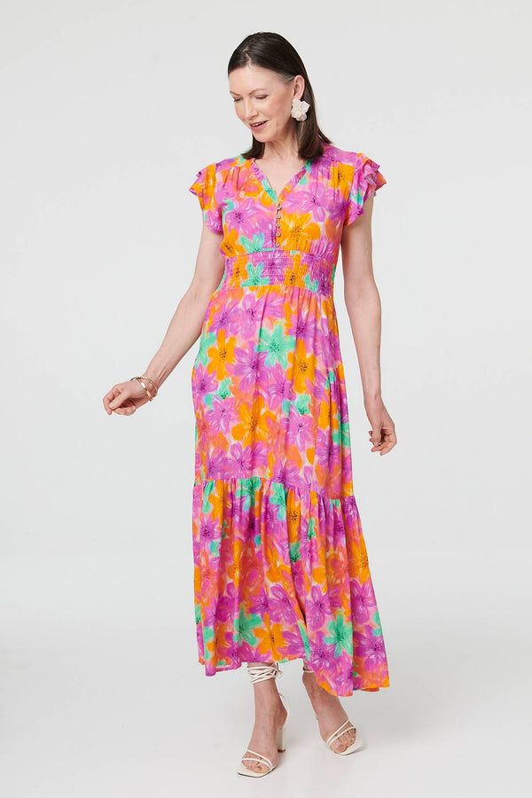 Red | Floral V-Neck Cap Sleeve Maxi Dress

