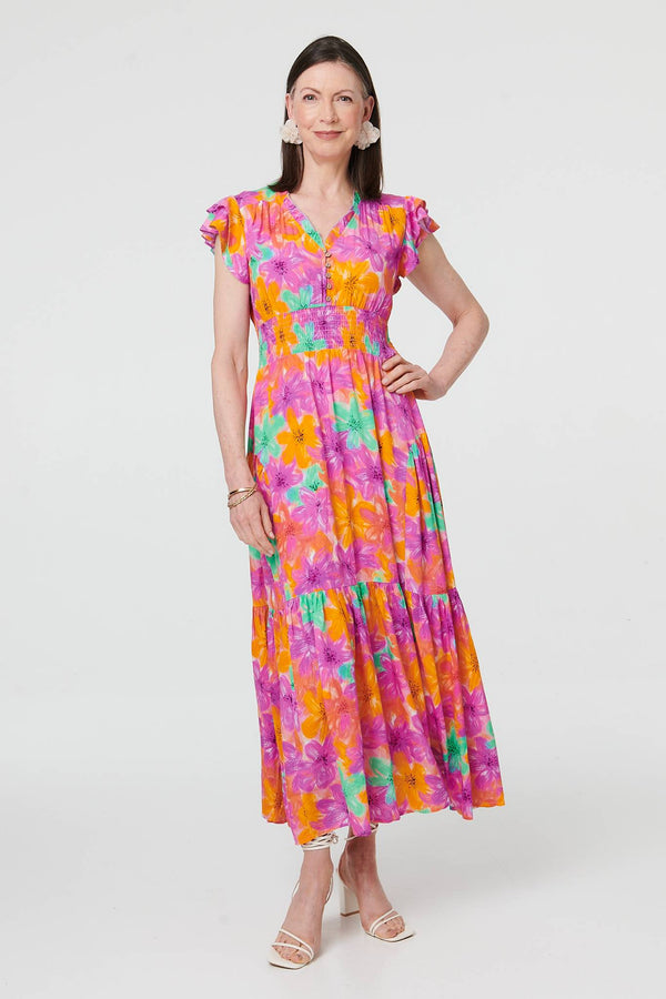 Red | Floral V-Neck Cap Sleeve Maxi Dress
