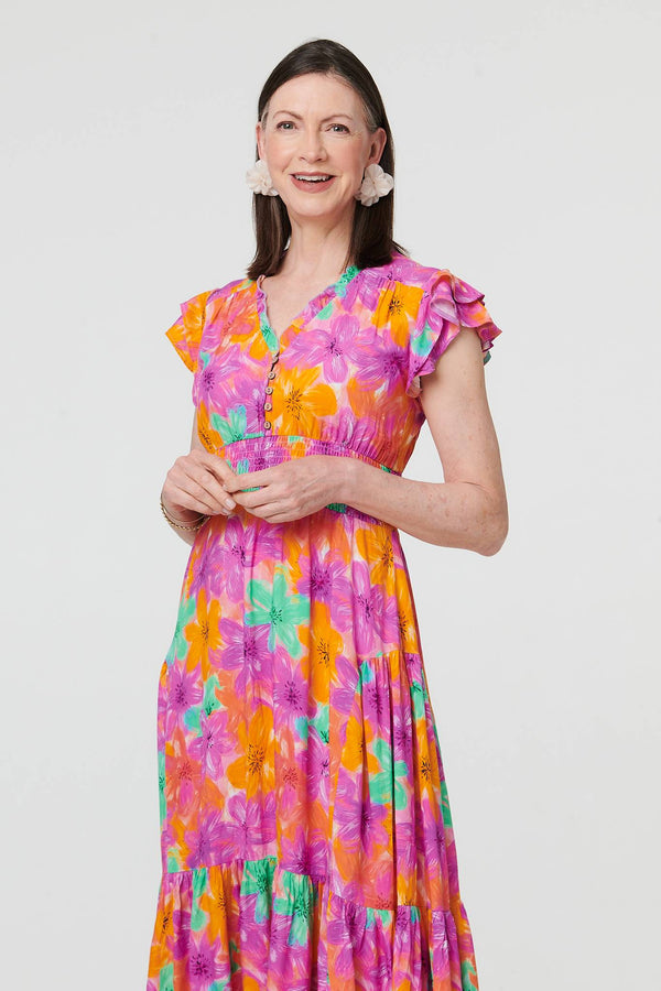 Red | Floral V-Neck Cap Sleeve Maxi Dress
