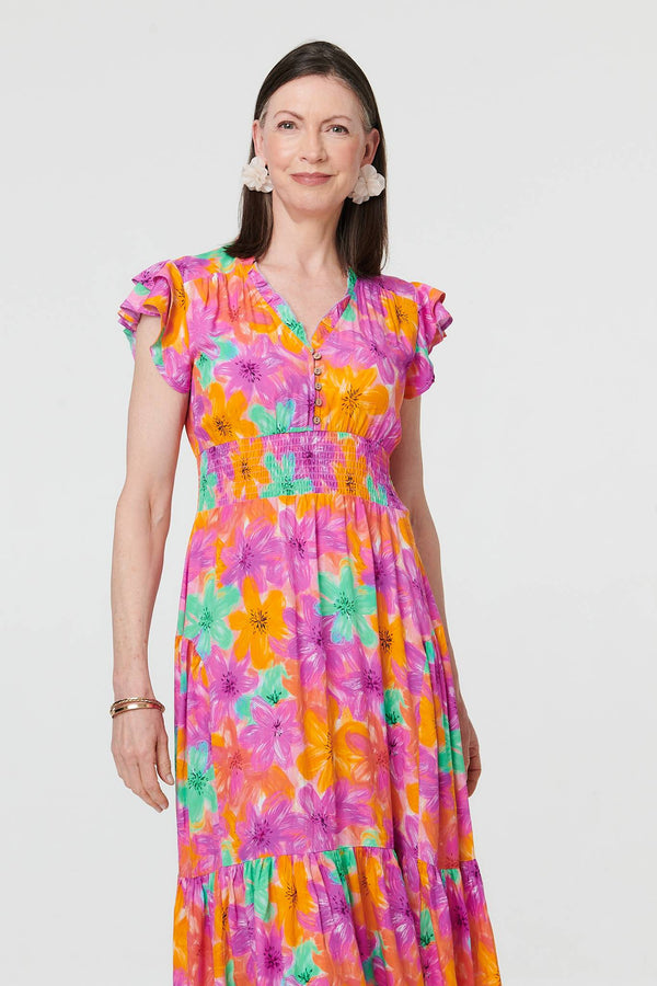 Red | Floral V-Neck Cap Sleeve Maxi Dress
