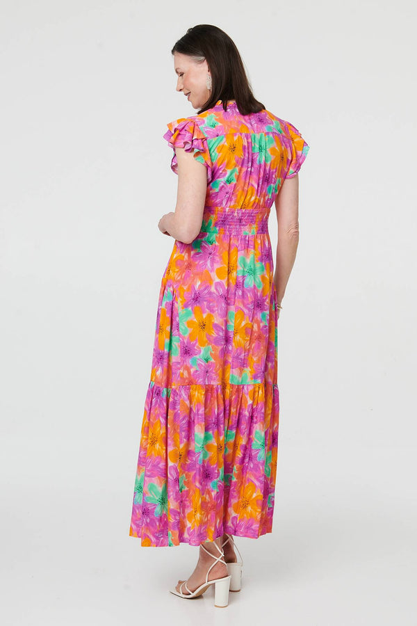 Red | Floral V-Neck Cap Sleeve Maxi Dress
