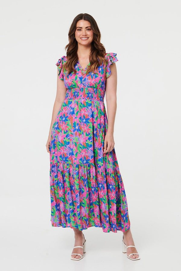 Blue | Floral Shirred Cap Sleeve Maxi Dress
