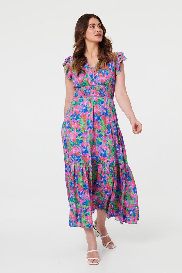 Blue | Floral Shirred Cap Sleeve Maxi Dress
