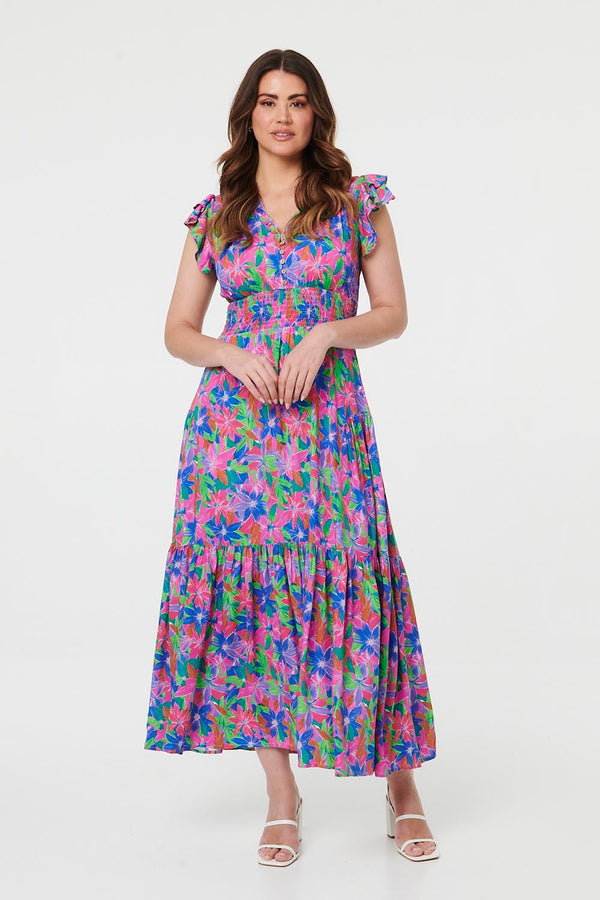 Blue | Floral Shirred Cap Sleeve Maxi Dress
