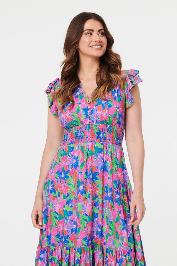 Blue | Floral Shirred Cap Sleeve Maxi Dress

