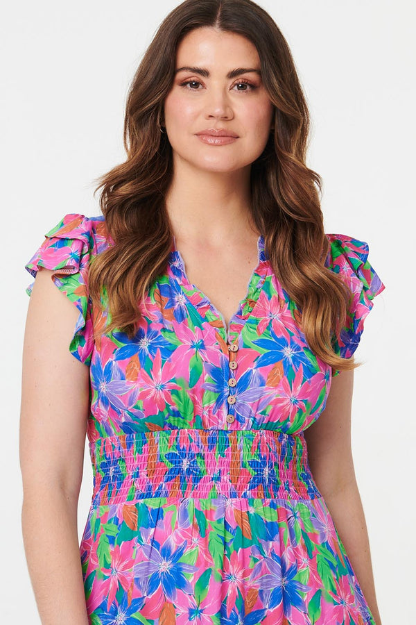 Blue | Floral Shirred Cap Sleeve Maxi Dress
