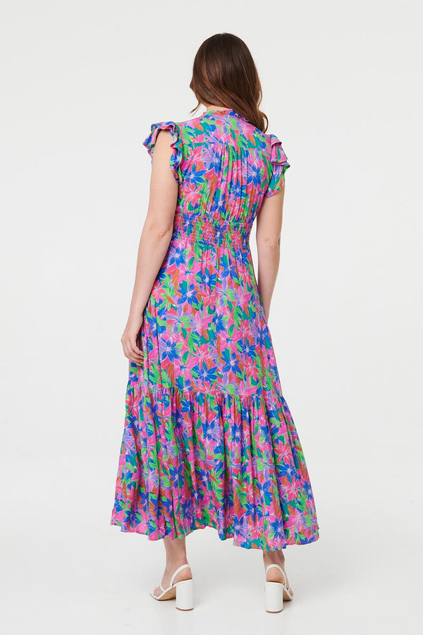 Blue | Floral Shirred Cap Sleeve Maxi Dress
