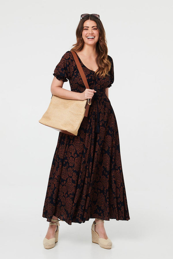 Black | Paisley Short Puff Sleeve Maxi Dress
