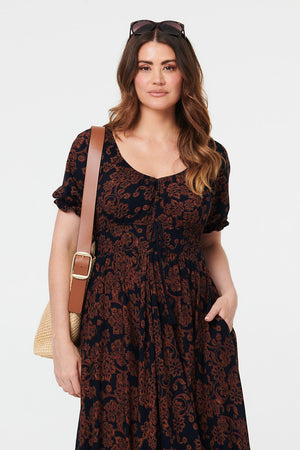Black | Paisley Short Puff Sleeve Maxi Dress
