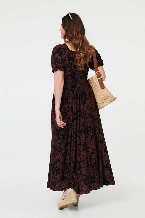 Black | Paisley Short Puff Sleeve Maxi Dress
