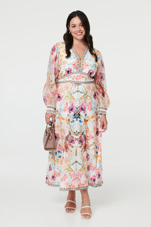 Pink | Curve Floral Border Print Maxi Dress
