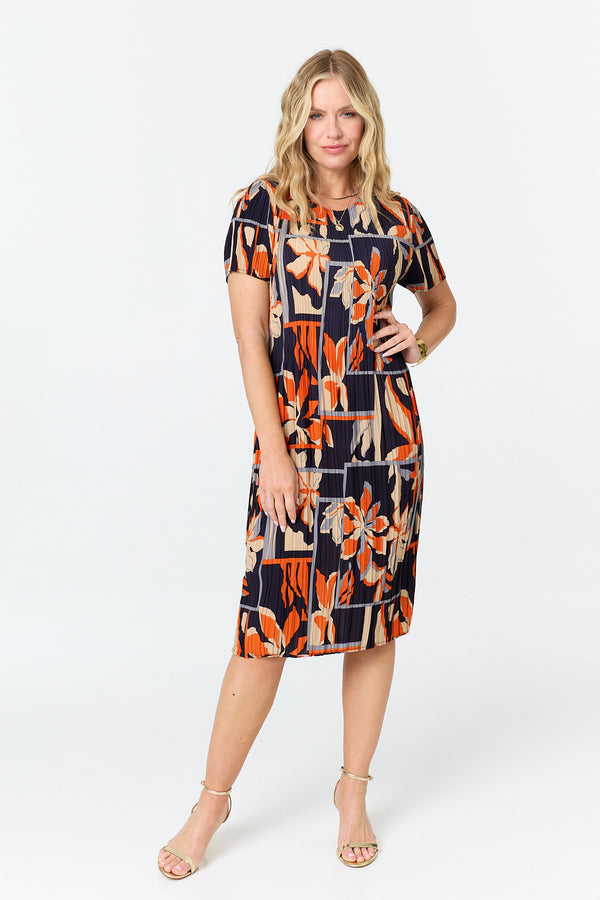 Orange | Floral Pleated Texture Midi Shift Dress
