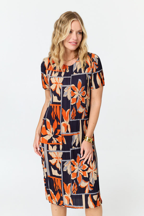 Orange | Floral Pleated Texture Midi Shift Dress