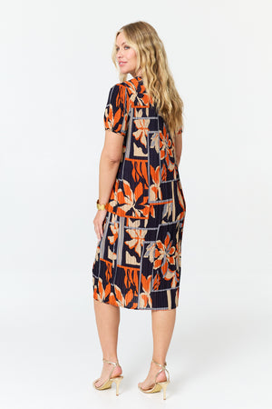 Orange | Floral Pleated Texture Midi Shift Dress