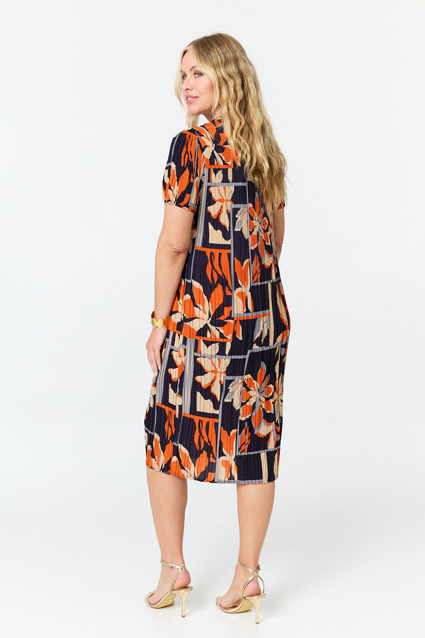 Orange | Floral Pleated Texture Midi Shift Dress