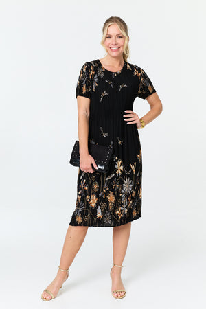 Black | Floral Pleat Texture Midi Shift Dress