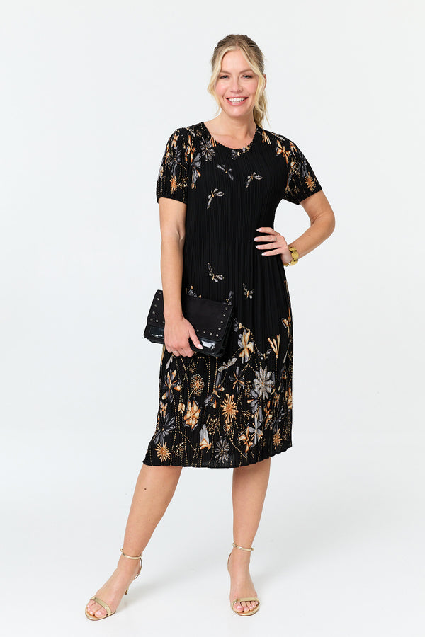 Black | Floral Pleat Texture Midi Shift Dress