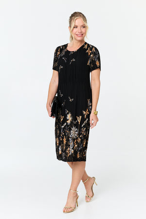 Black | Floral Pleat Texture Midi Shift Dress