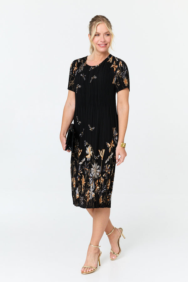 Black | Floral Pleat Texture Midi Shift Dress