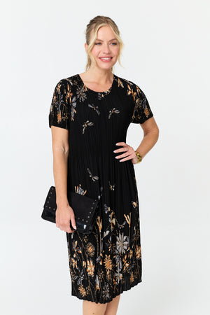 Black | Floral Pleat Texture Midi Shift Dress