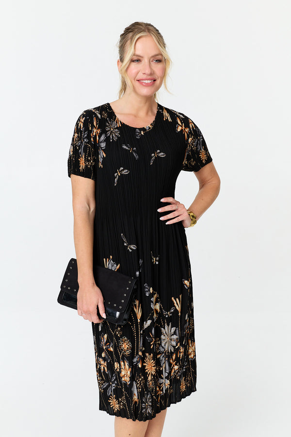 Black | Floral Pleat Texture Midi Shift Dress