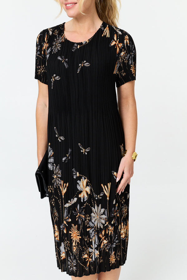 Black | Floral Pleat Texture Midi Shift Dress