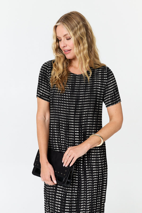 Black | Polka Dot Print Pleated Midi Dress