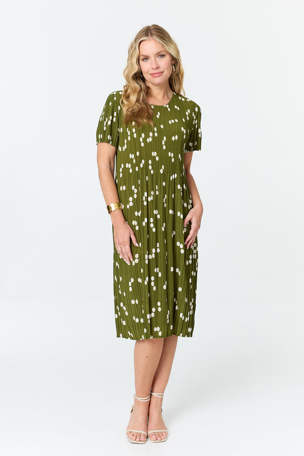 Sage | Spotty Print Pleated Texture Midi Dress