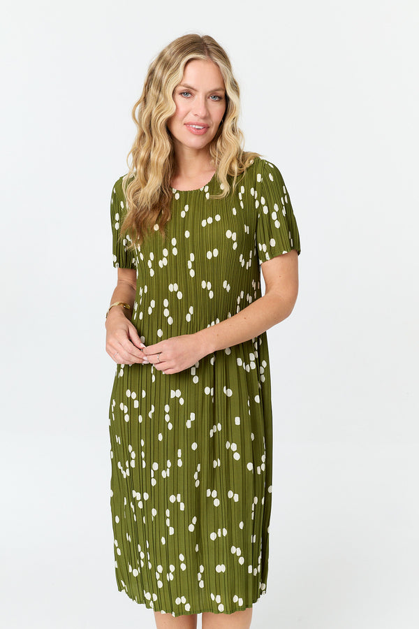 Sage | Spotty Print Pleated Texture Midi Dress