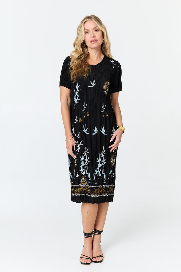 Black | Border Print Pleated Texture Midi Dress