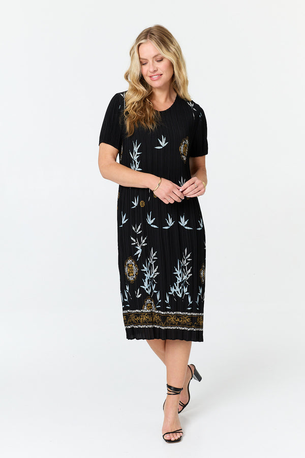 Black | Border Print Pleated Texture Midi Dress