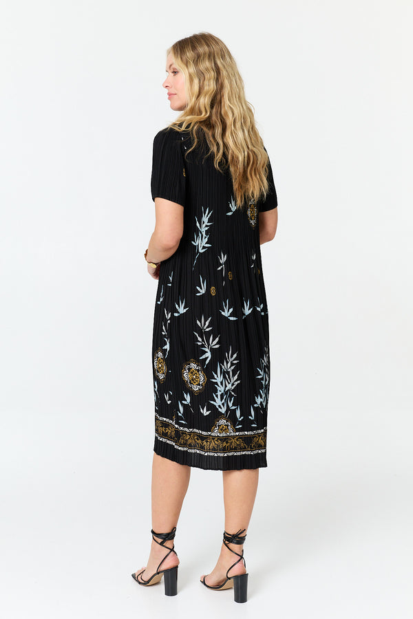Black | Border Print Pleated Texture Midi Dress